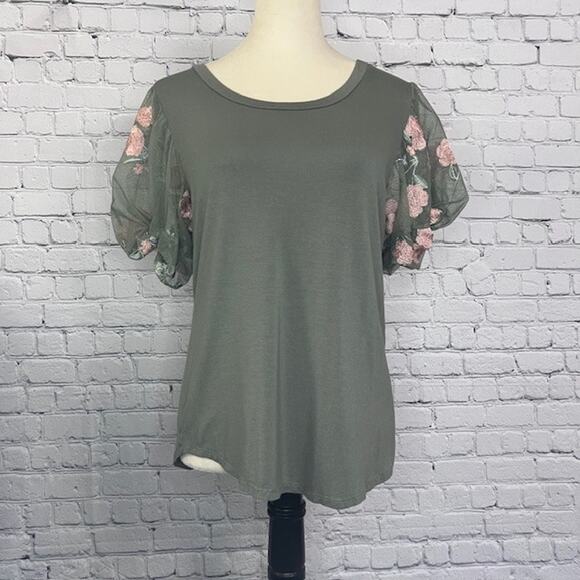 Willow Floral Puffed Balloon Sleeve Blouse Green Crew Neck Top Women's X- Large - Picture 1 of 7
